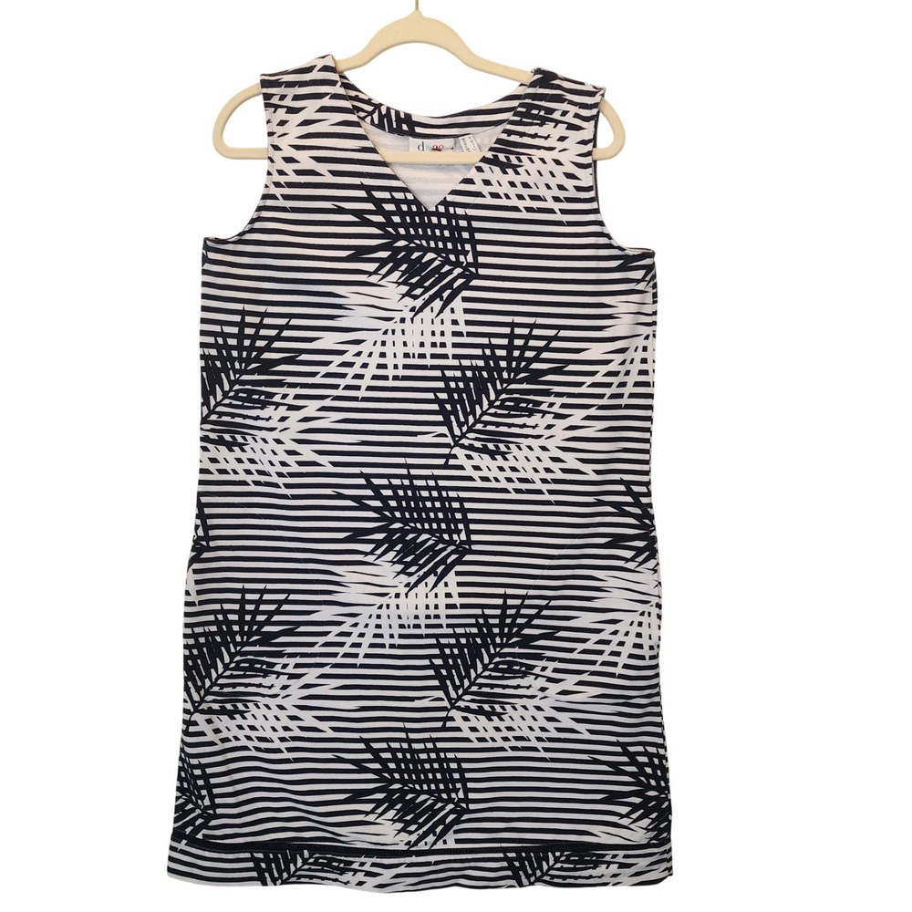 Denim & Company Navy White Striped Palm Leaf V-Neck Shift Dress Womens Medium